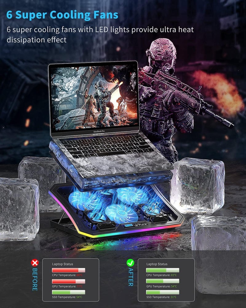 KeiBn وسادة تبريد لابتوب مطورة، مع أضواء RGB، مبرد لابتوب بـ 6 مراوح لأجهزة اللابتوب من 15.6 إلى 17.3 بوصة، 7 ارتفاعات، 10 أوضاع إضاءة، 2 منفذ USB، للاستخدام على المكتب أو في الحضن (A8، أزرق) - Image 2